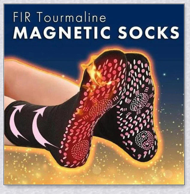 Pair of self-heating massage socks with detailed view of the acupressure-inspired soles