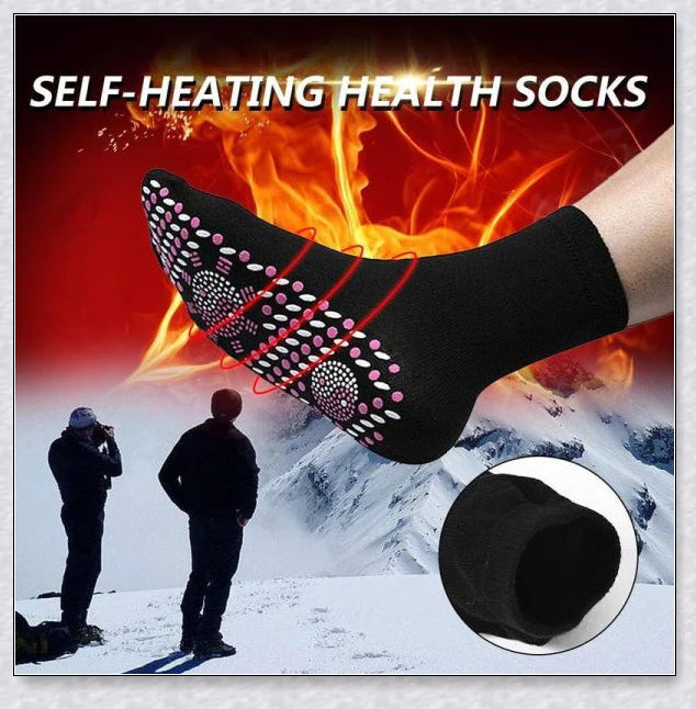 Pair of self-heating massage socks with detailed view of the acupressure-inspired soles