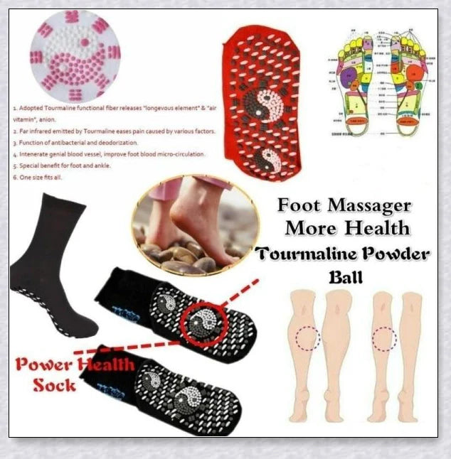 Pair of self-heating massage socks with detailed view of the acupressure-inspired soles