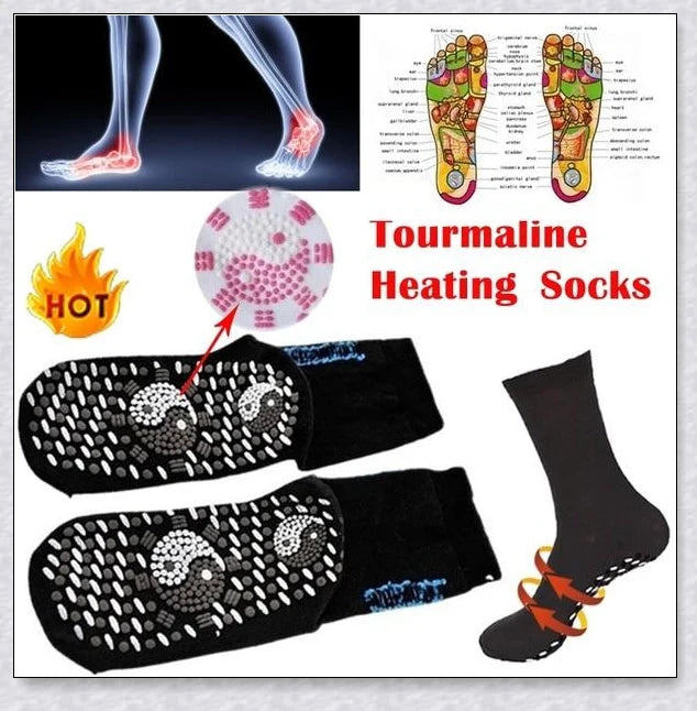 Pair of self-heating massage socks with detailed view of the acupressure-inspired soles