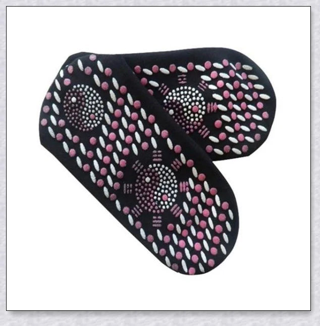 Pair of self-heating massage socks with detailed view of the acupressure-inspired soles