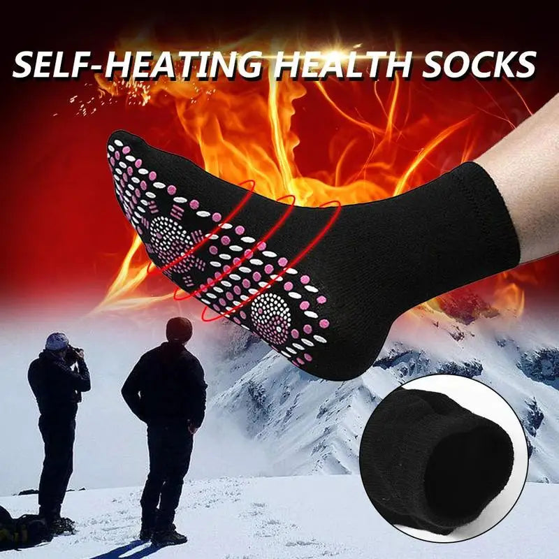 Pair of self-heating massage socks with detailed view of the acupressure-inspired soles