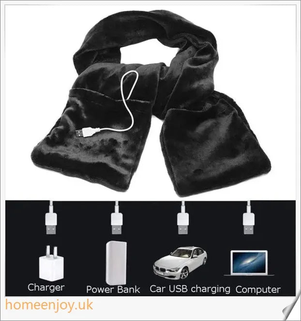 Black fashion warm USB heating scarf made of premium velvet with integrated heating element for cosy comfort during UK winters.