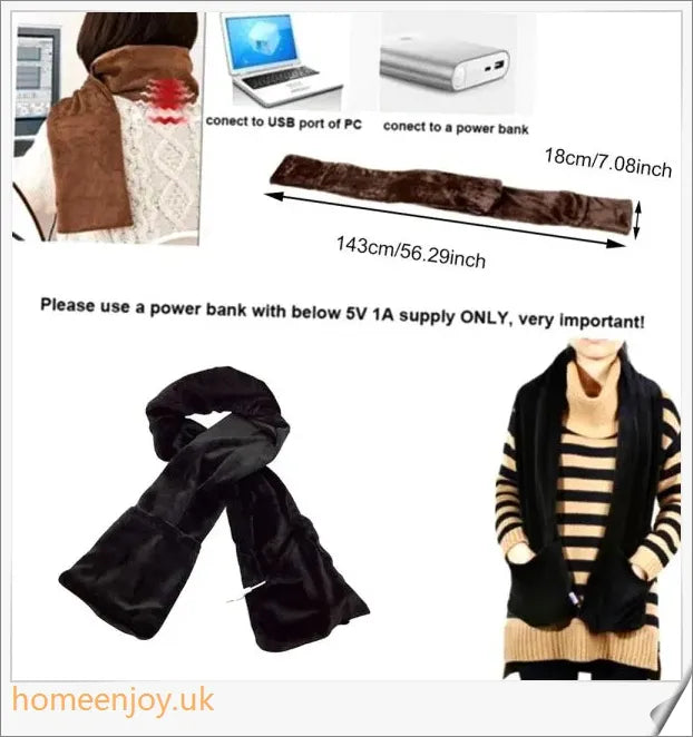 Black fashion warm USB heating scarf made of premium velvet with integrated heating element for cosy comfort during UK winters.