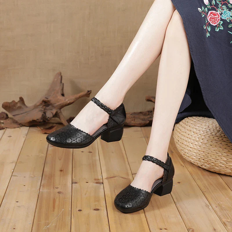Fashionable ethnic-inspired leather women's shoes with thick heel and hollow toe design