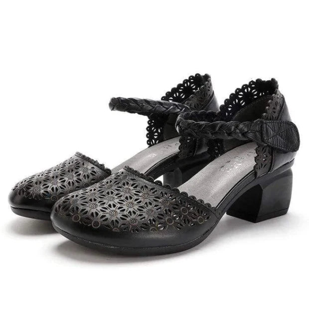 Fashionable ethnic-inspired leather women's shoes with thick heel and hollow toe design