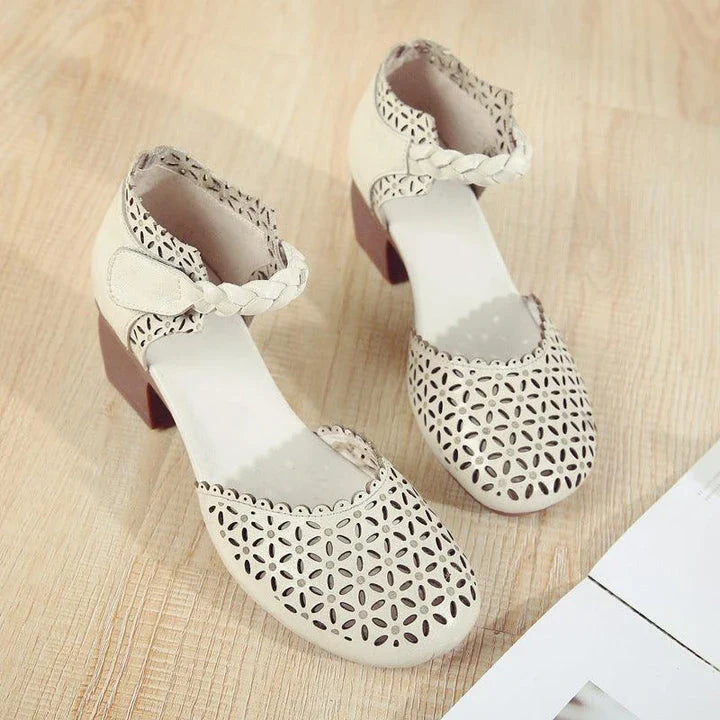 Fashionable ethnic-inspired leather women's shoes with thick heel and hollow toe design