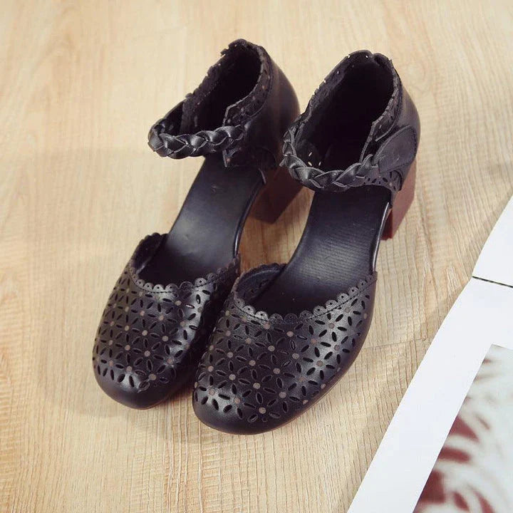 Fashionable ethnic-inspired leather women's shoes with thick heel and hollow toe design