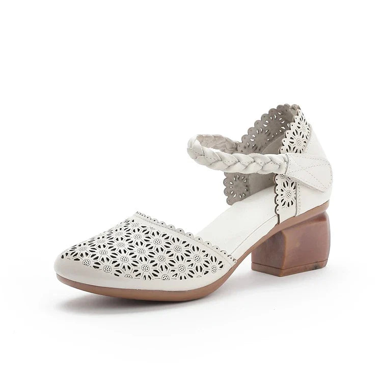 Fashionable ethnic-inspired leather women's shoes with thick heel and hollow toe design
