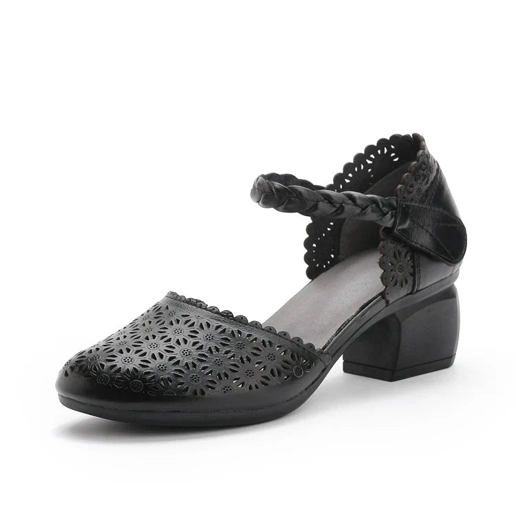 Fashionable ethnic-inspired leather women's shoes with thick heel and hollow toe design