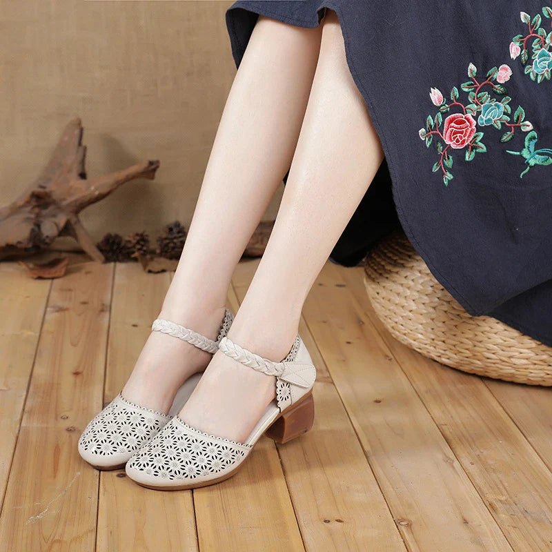 Fashionable ethnic-inspired leather women's shoes with thick heel and hollow toe design