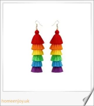 Vibrant bohemian-inspired tassel earrings in rainbow and rose colours, perfect for summer fashion and vacations