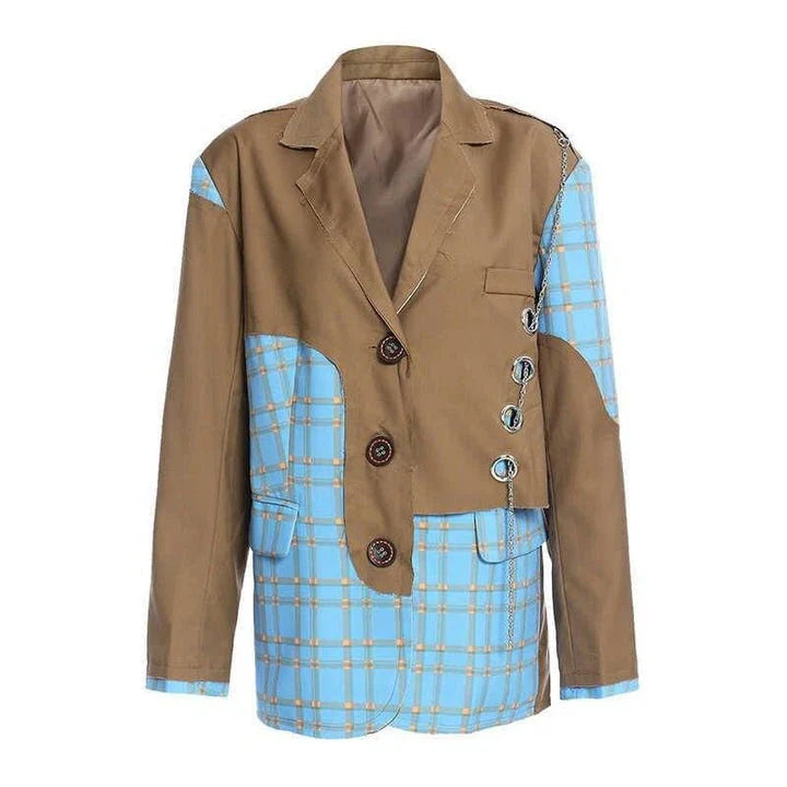 A chic women's winter blazer with a checkered pattern and chain accent, perfect for the modern British fashion enthusiast.
