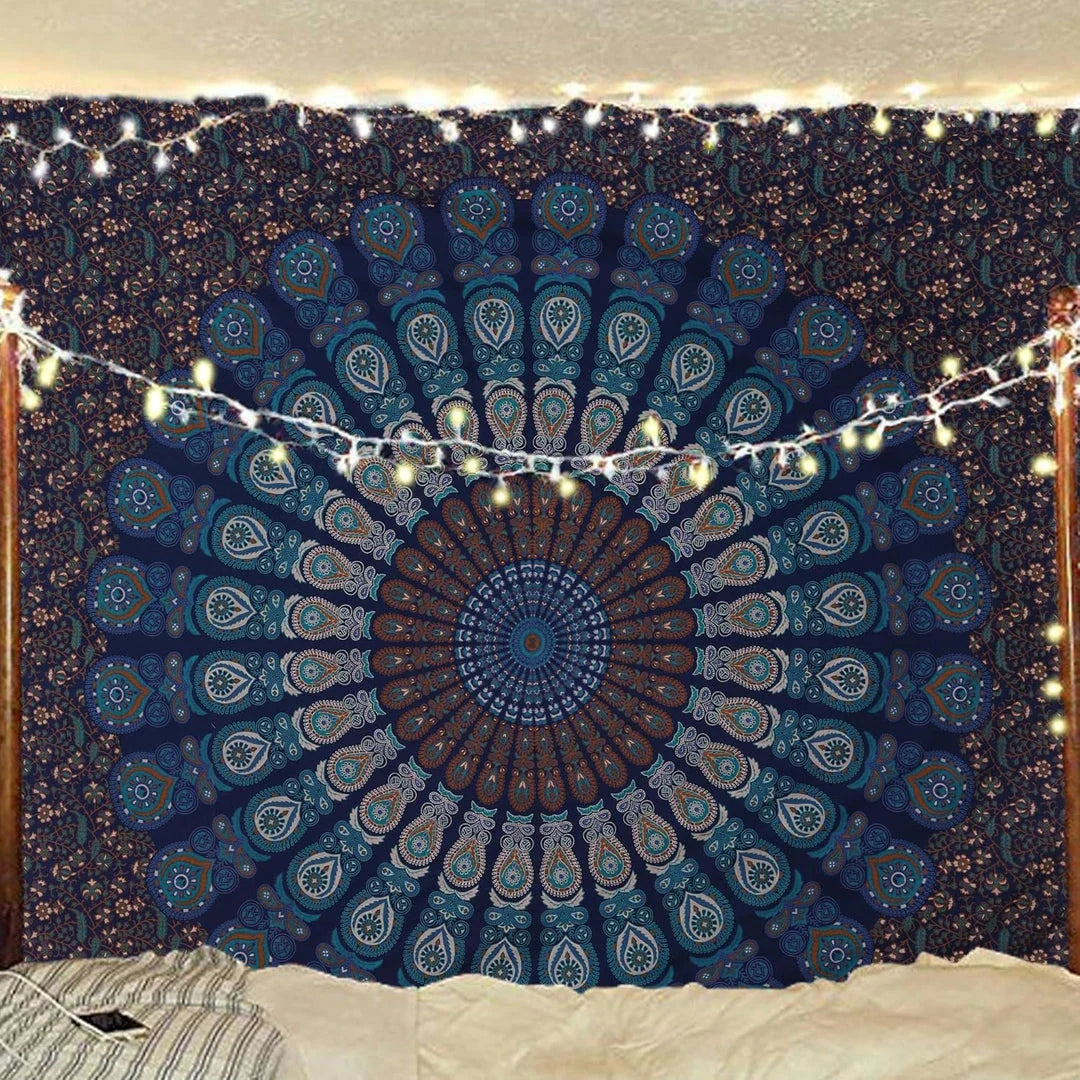 Vibrant Indian mandala tapestry with intricate patterns and bold colours, perfect for decorating bedrooms, living rooms, and outdoor spaces.