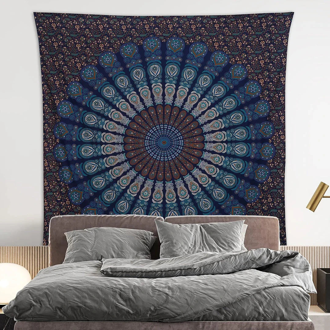 Vibrant Indian mandala tapestry with intricate patterns and bold colours, perfect for decorating bedrooms, living rooms, and outdoor spaces.