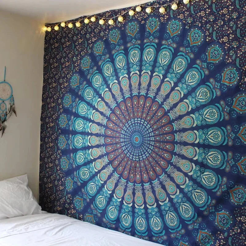 Vibrant Indian mandala tapestry with intricate patterns and bold colours, perfect for decorating bedrooms, living rooms, and outdoor spaces.