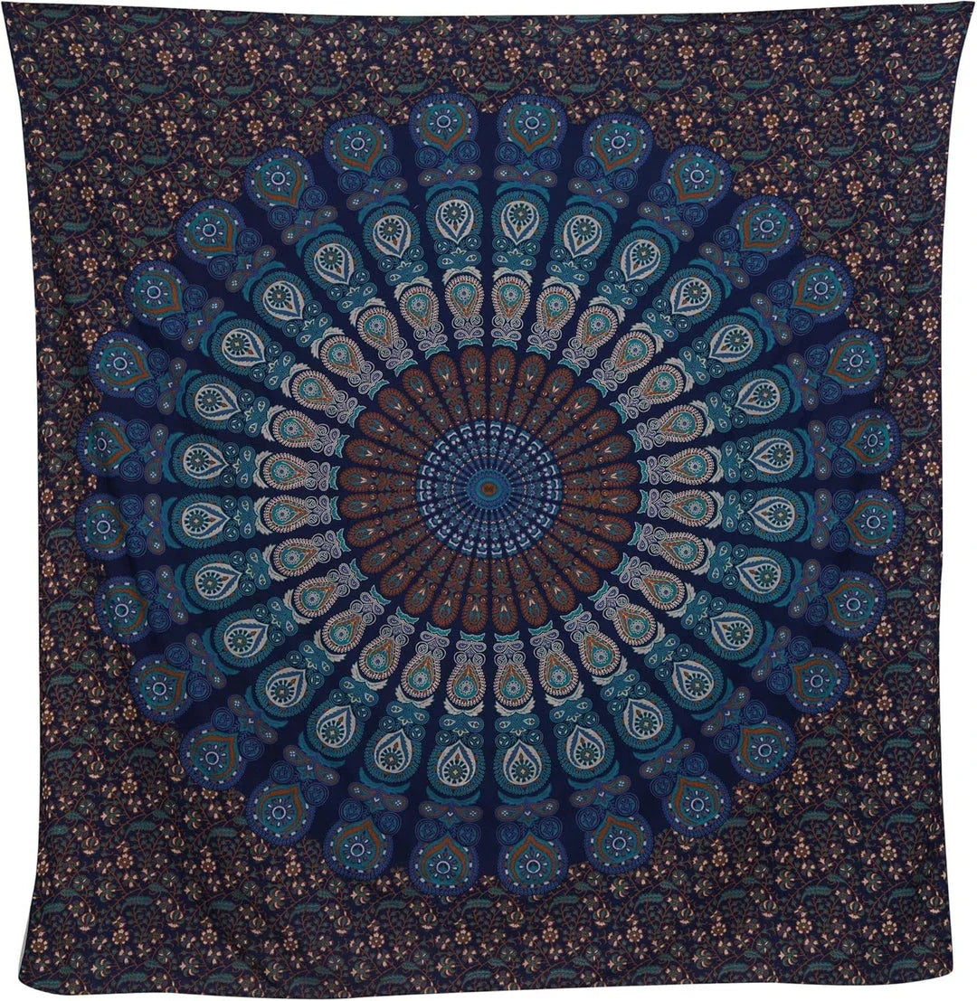 Vibrant Indian mandala tapestry with intricate patterns and bold colours, perfect for decorating bedrooms, living rooms, and outdoor spaces.