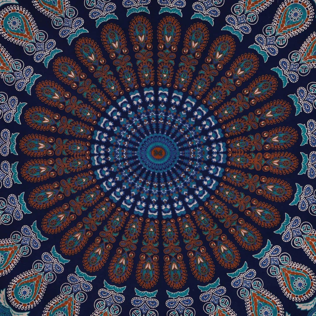 Vibrant Indian mandala tapestry with intricate patterns and bold colours, perfect for decorating bedrooms, living rooms, and outdoor spaces.