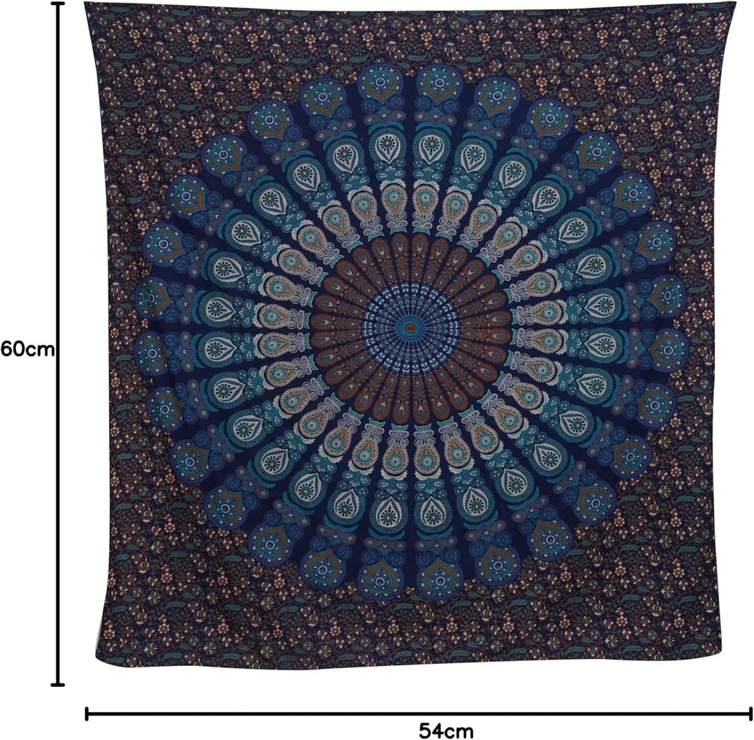Vibrant Indian mandala tapestry with intricate patterns and bold colours, perfect for decorating bedrooms, living rooms, and outdoor spaces.