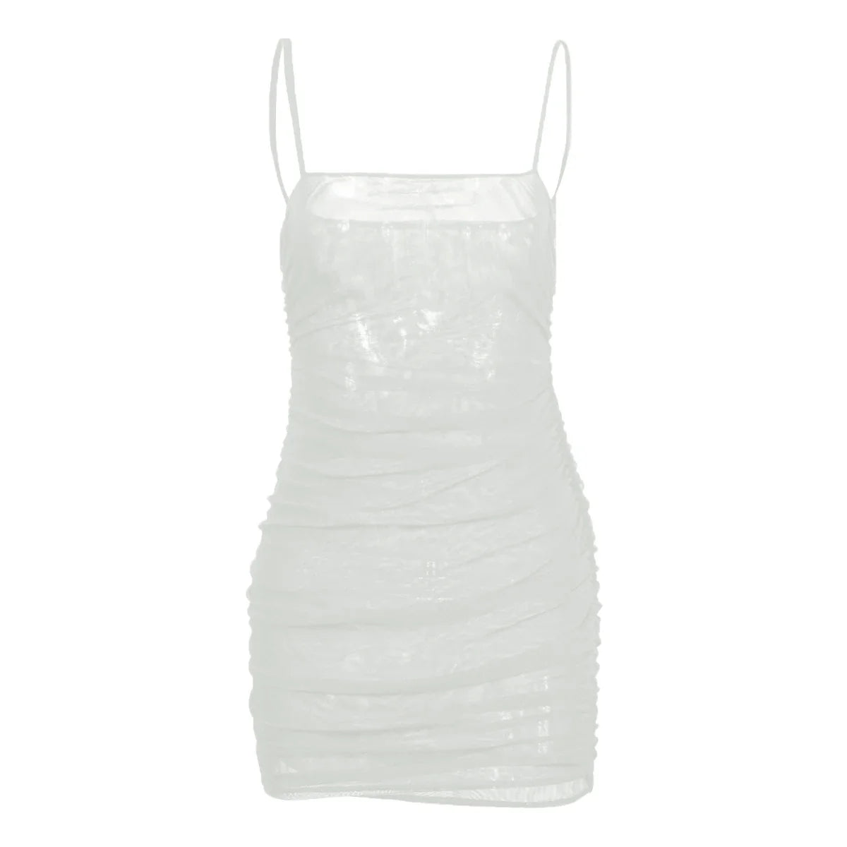 A white mesh pleated tight dress made of premium milk silk fabric for a sophisticated and flattering look.