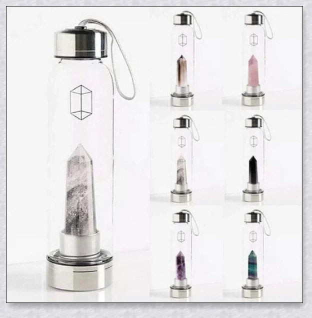 A handcrafted glass water bottle infused with natural crystals, offering a unique and sustainable hydration experience.
