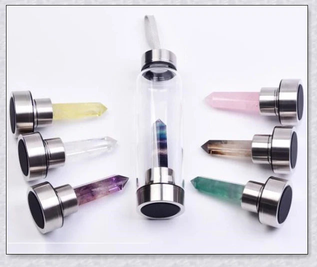 A handcrafted glass water bottle infused with natural crystals, offering a unique and sustainable hydration experience.