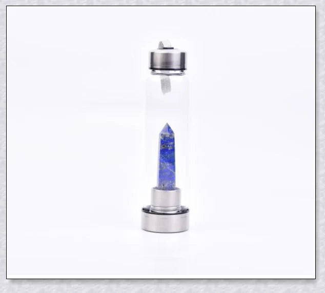 A handcrafted glass water bottle infused with natural crystals, offering a unique and sustainable hydration experience.