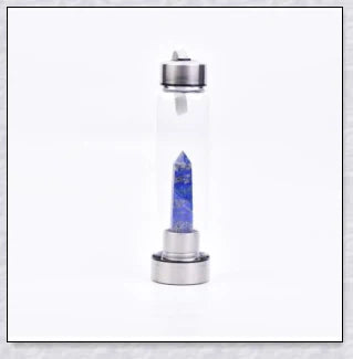 A handcrafted glass water bottle infused with natural crystals, offering a unique and sustainable hydration experience.