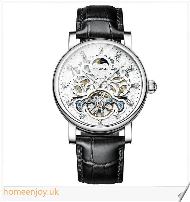 A silver, diamond-studded, automatic mechanical watch for men with a sophisticated and fashionable design
