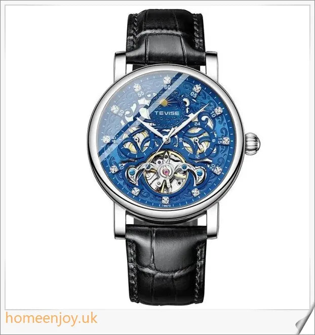 A silver, diamond-studded, automatic mechanical watch for men with a sophisticated and fashionable design