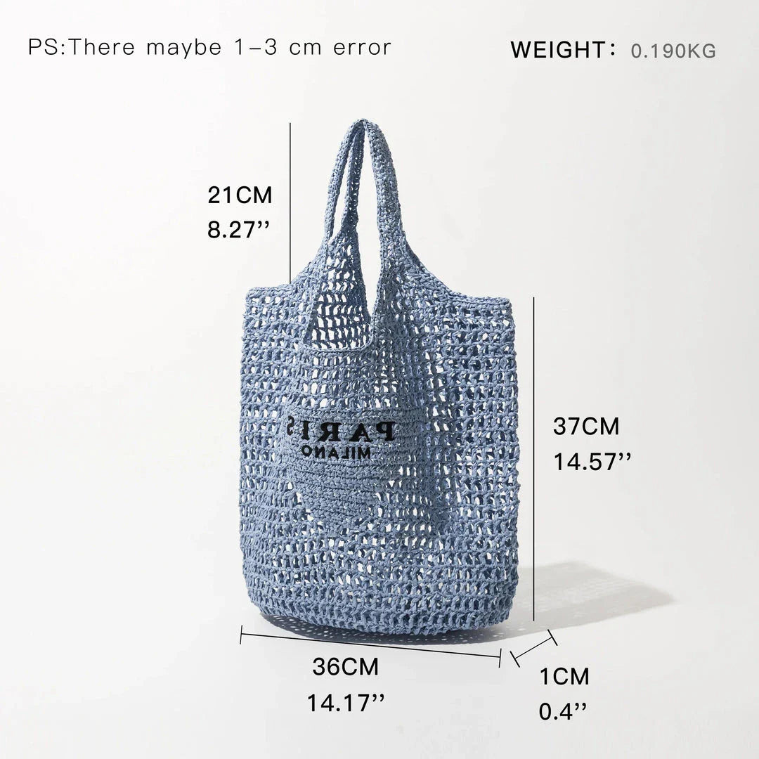 Luxury design women's plaited raffia straw bag in blue color, featuring a criss-cross pattern and large capacity for everyday use.