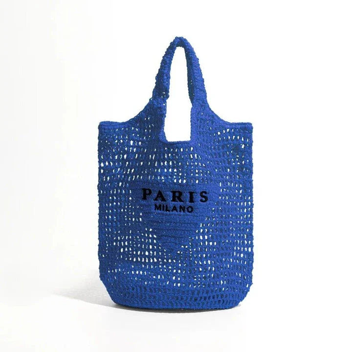 Luxury design women's plaited raffia straw bag in blue color, featuring a criss-cross pattern and large capacity for everyday use.