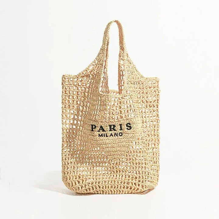 Luxury design women's plaited raffia straw bag in blue color, featuring a criss-cross pattern and large capacity for everyday use.
