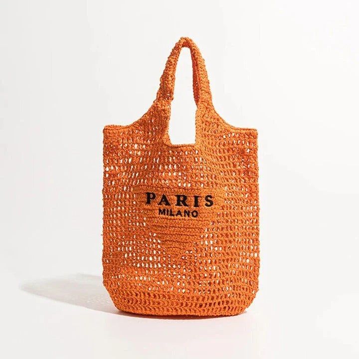 Luxury design women's plaited raffia straw bag in blue color, featuring a criss-cross pattern and large capacity for everyday use.