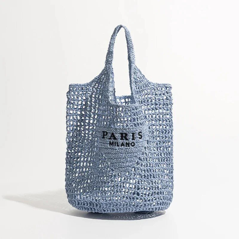 Luxury design women's plaited raffia straw bag in blue color, featuring a criss-cross pattern and large capacity for everyday use.