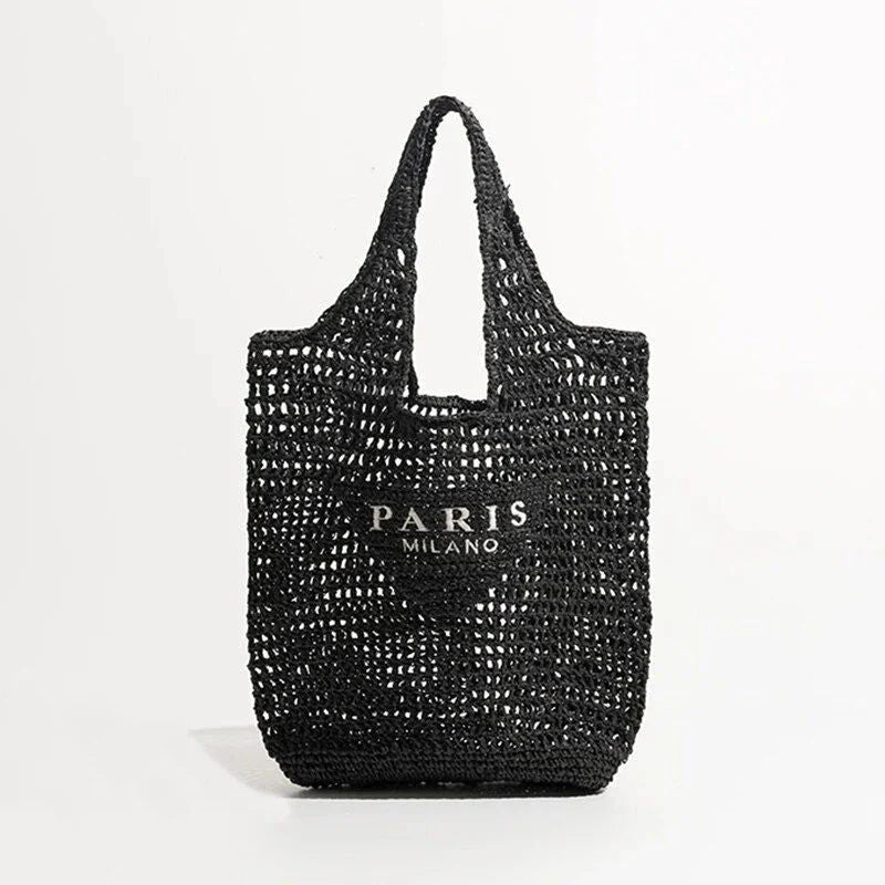 Luxury design women's plaited raffia straw bag in blue color, featuring a criss-cross pattern and large capacity for everyday use.