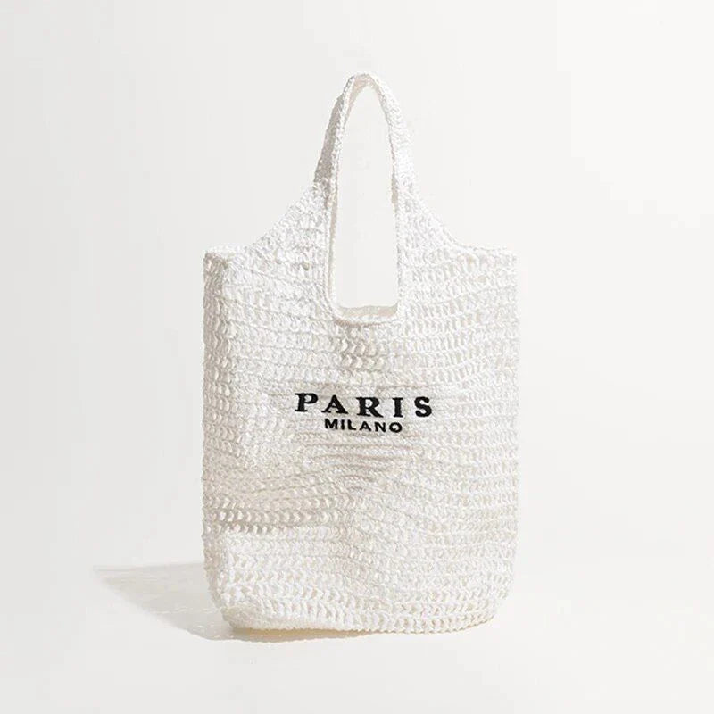 Luxury design women's plaited raffia straw bag in blue color, featuring a criss-cross pattern and large capacity for everyday use.