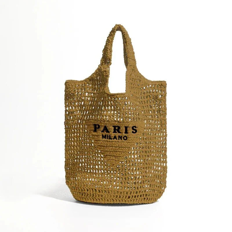 Luxury design women's plaited raffia straw bag in blue color, featuring a criss-cross pattern and large capacity for everyday use.