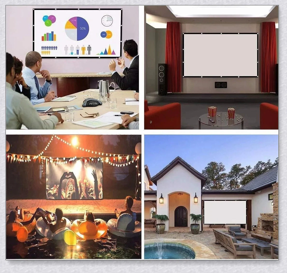 Portable 150-inch outdoor movie projector screen with matte white surface for clear projection and wide viewing angles