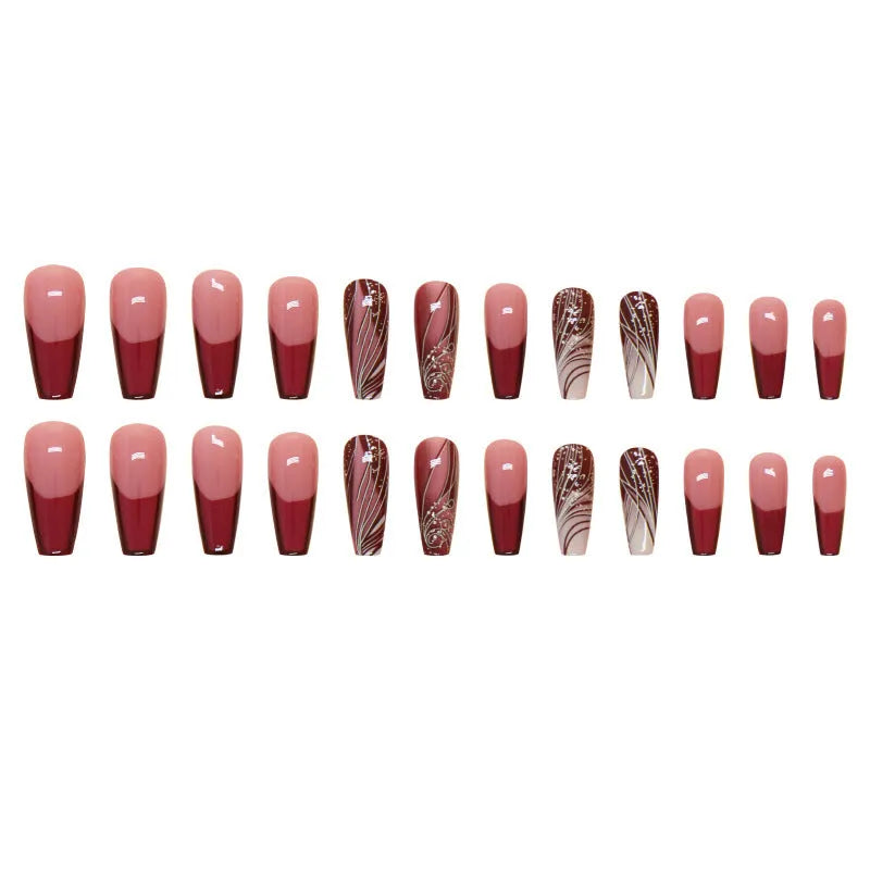 French line pattern fake nails with glue included in package
