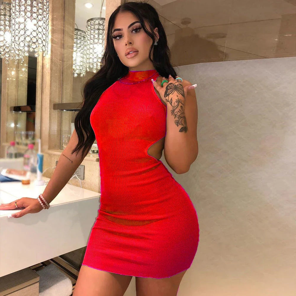 A high-neck cocktail dress with a unique cutout detail at the back, available in a variety of vibrant colors