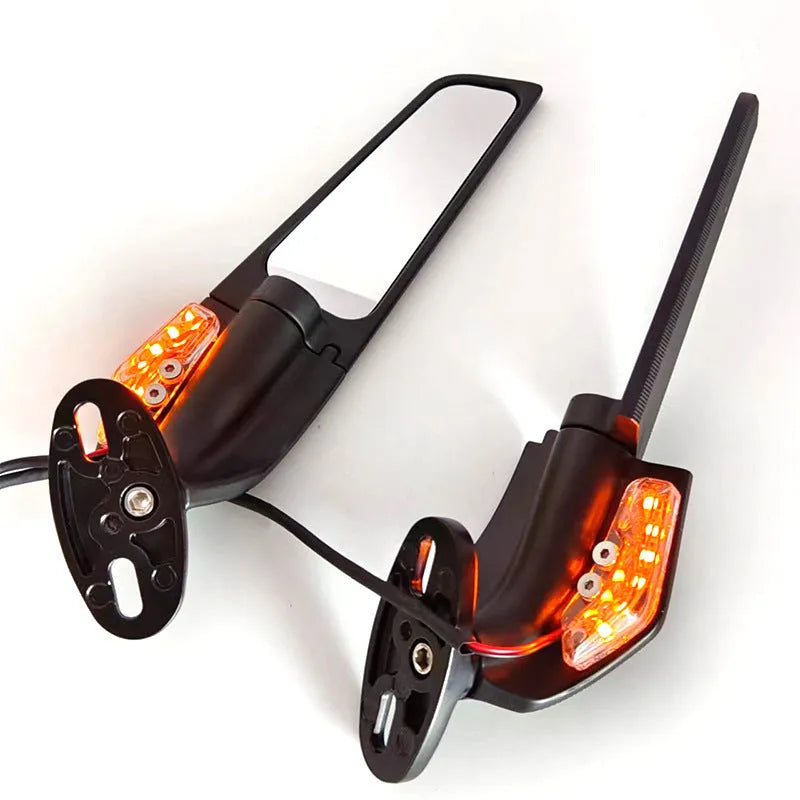 Motorcycle spoiler rearview mirror reflector with yellow light, aluminium alloy housing, and convex glass lens