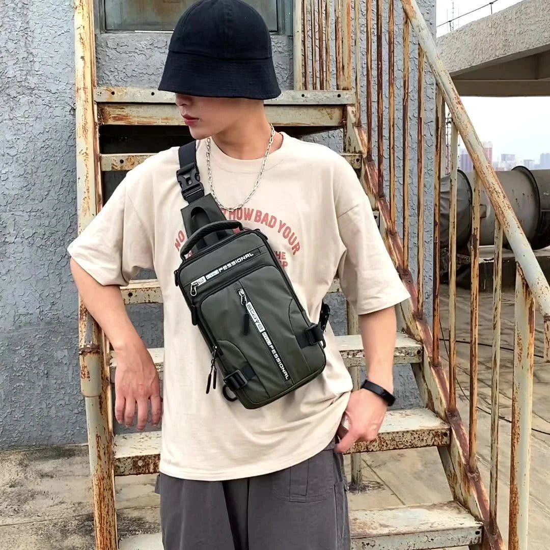 Versatile men's crossbody bag with multifunctional backpack, shoulder, and chest pack design in various colors