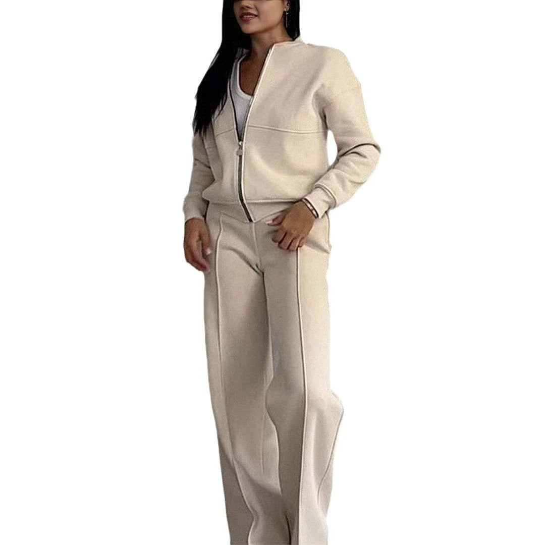 Women's stylish two-piece sports suit with zip-up jacket and wide-leg pants in a variety of colors