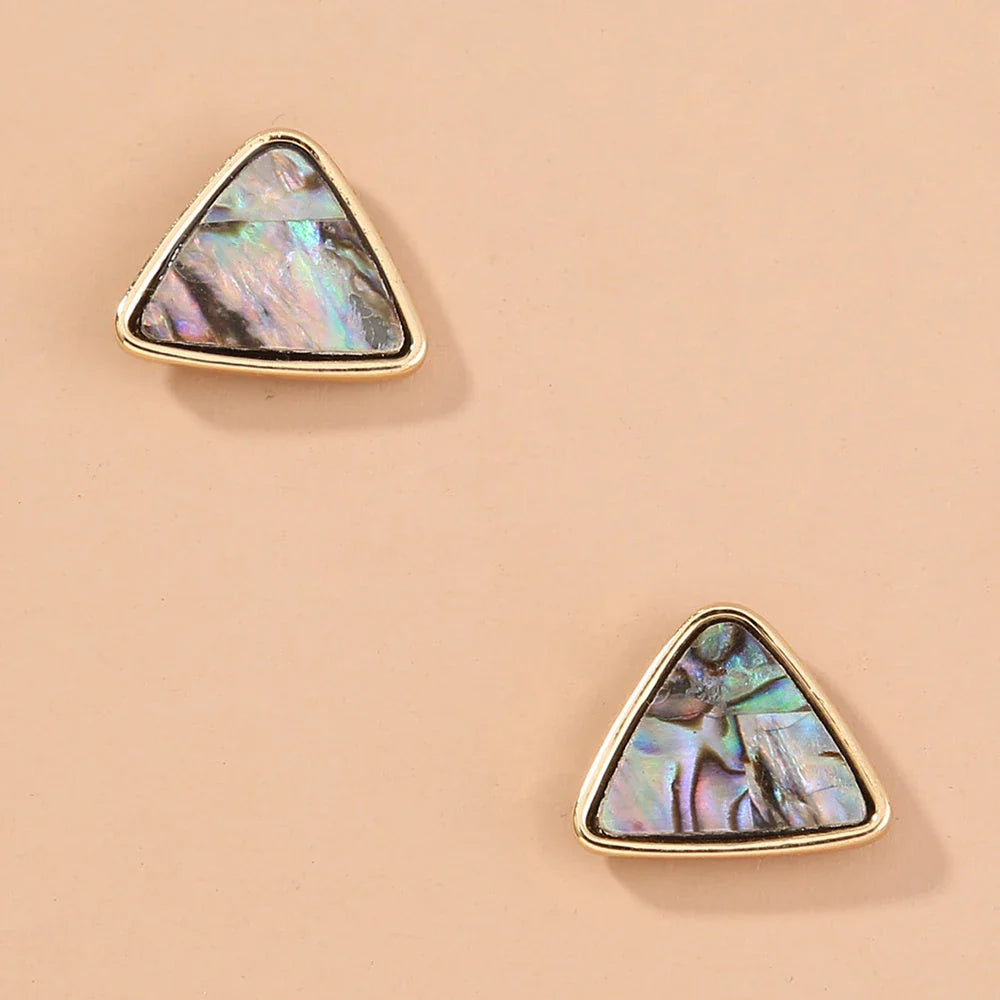 Triangular earrings with natural abalone shell set in a sleek zinc alloy frame