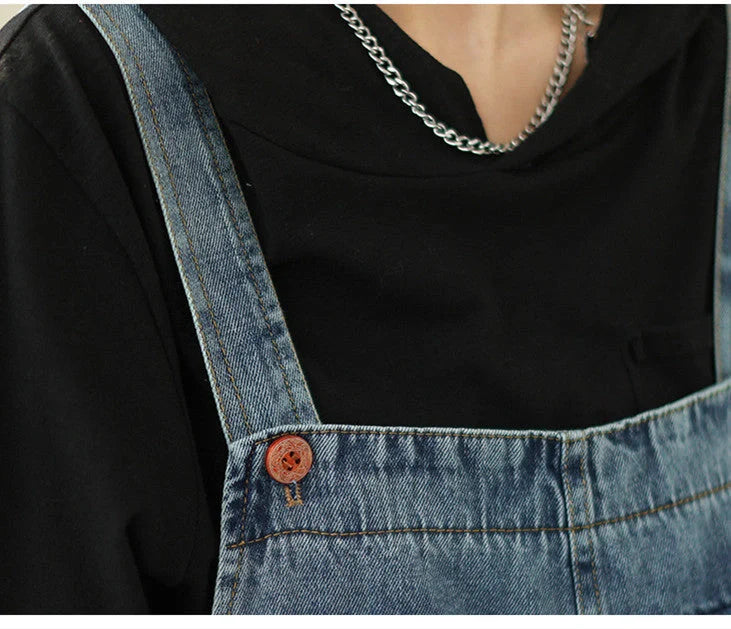 Stylish light blue denim strap pants for women with adjustable fit