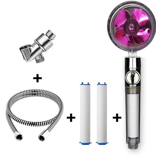 A high-pressure handheld shower head with a turbo-charged water flow and a cotton filter for a luxurious, spa-like bathing experience.