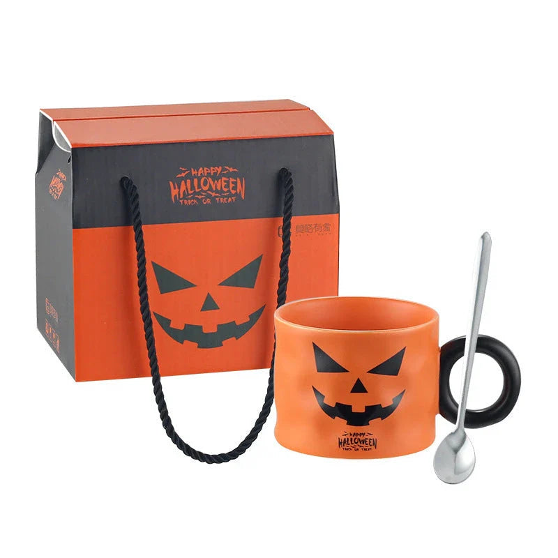 Festive pumpkin-themed ceramic mugs in orange and white colors, perfect for Halloween celebrations and enjoying hot or cold beverages
