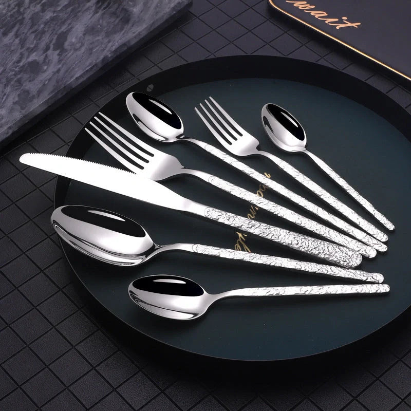 Premium embossed steak cutlery set with textured handles and mirror polish