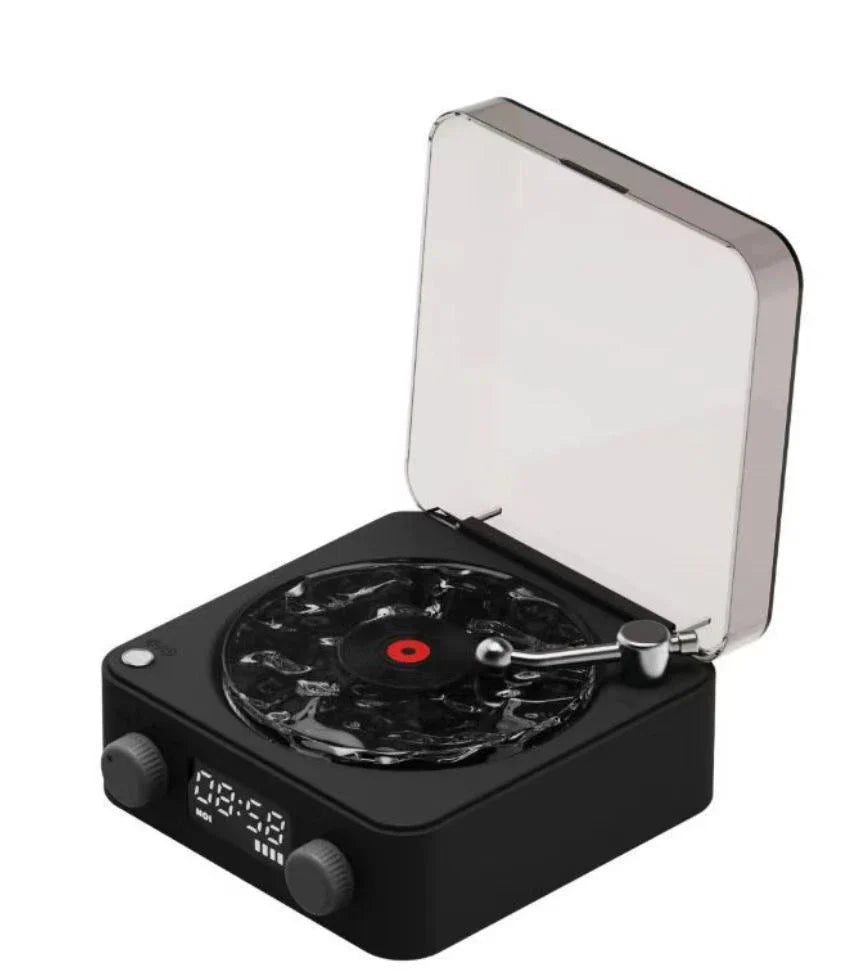 Retro Bluetooth Vinyl Record Player with Transparent Turntable, Ambient Lighting, and Wireless Connectivity